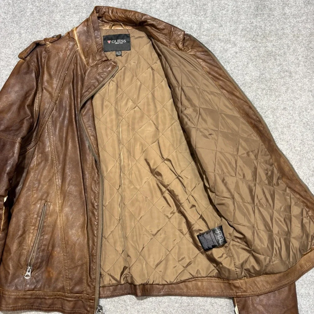 Guess Mens Faux Leather Racer Jacket Distressed Brown XL Moto Quilted Lining
